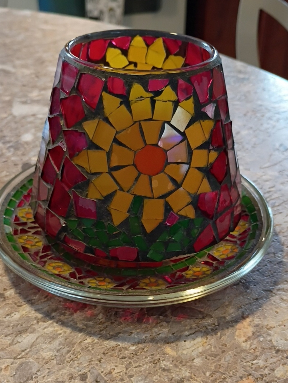 Handcrafted Mosaic Candle Holder with Yellow Sunflower & Red Accents
